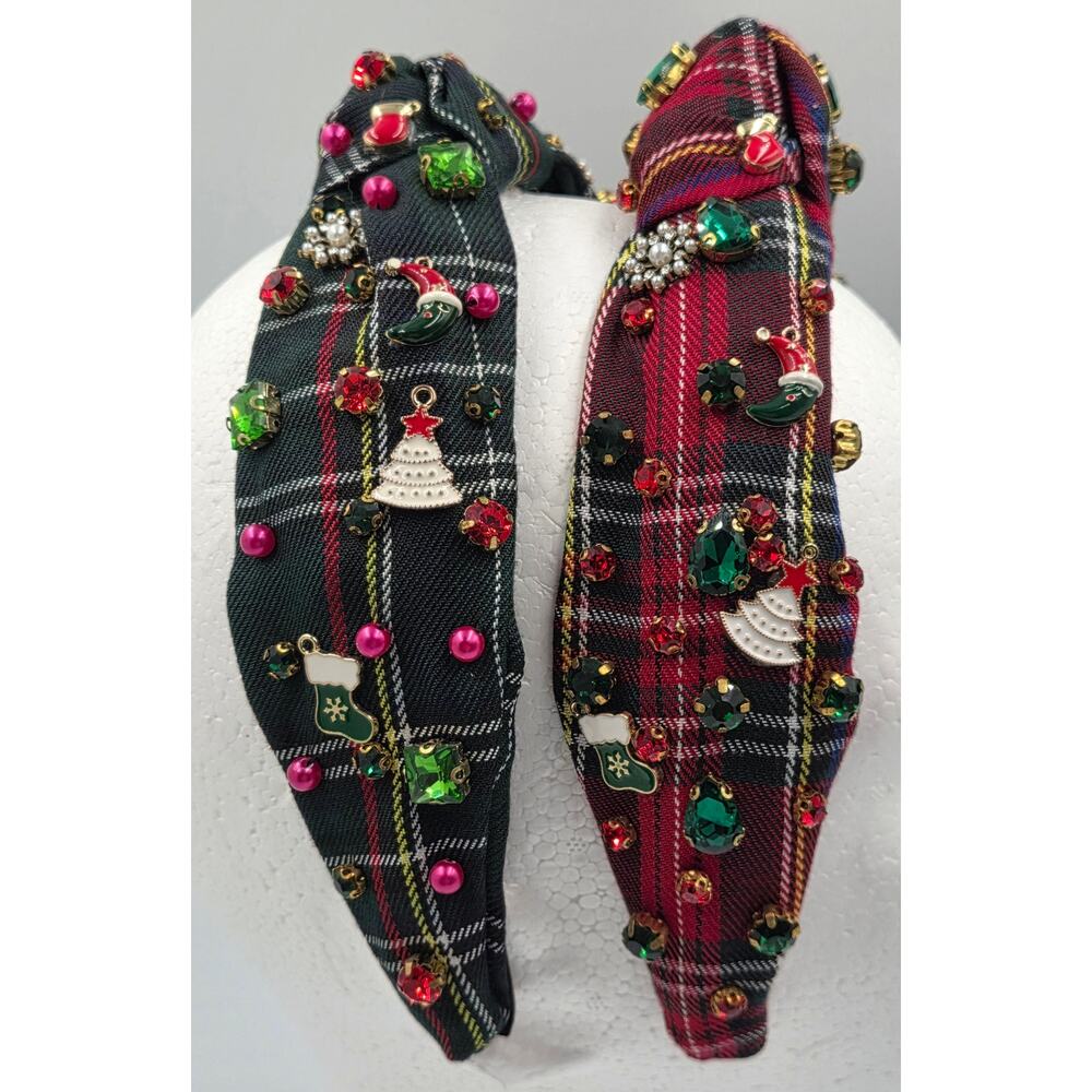Womens Wide Hair Headbands Christmas Plaid Jeweled Dazzled Holiday Festive - Picture 1 of 8